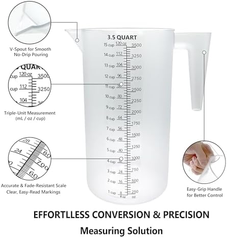 Plastic Measuring Cup with Handle, Pool Chemical Measuring Cup, Plastic Measuring Pitcher for Liquid Mixing, Pouring, Lawn Care, Pet Food, Motor Oil, Laboratory and More (120, Fluid Ounces, 3500ml)