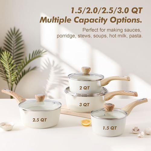 SENSARTE 2.0 & 3.0 Quart Ceramic Sauce Pan Sets with Lid, Cooking Pots Set, Nonstick Saucepan Set with Pour Spout, Small Pot, Non toxic Saucepot, Sauciers, Induction Comptable, PFOA PTFE PFAS Free