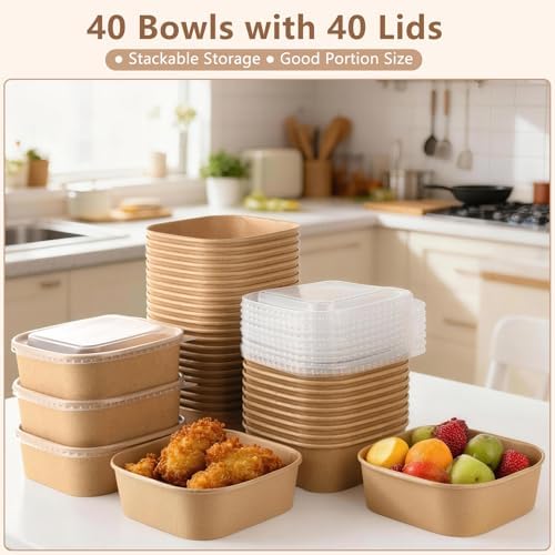40 Sets 33 oz Disposable Kraft Paper Bowls with Lids - Square