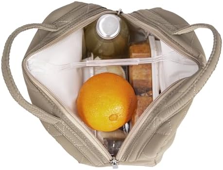 Machine Washable Women Quilted Fabric Insulated Reusable Cooler Lunch Bag Tote Adult Thermal Lunch Box Storage Bag for Ｗork (Camel)