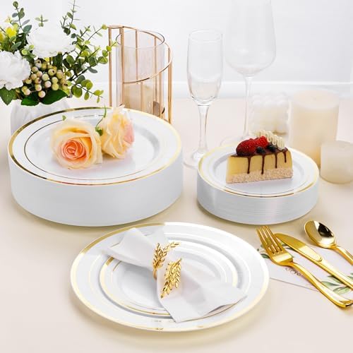 BESTSTAR 100PCS White Plastic Plates for Party, 10.25 Inch Disposable Plates with Gold Rim, Heavy Duty Dinner Plates for Party, Wedding and Birthday (Pack of 2)