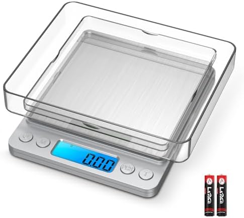 Digital Food Scale 500g/0.01g Gram Scale, Upgraded Mini Pocket Scale with 6 Units, 2 Trays, Auto Off, Tare, PCS for Food, Jewelry, Coin, Coffee (2 AAA Batteries Included)