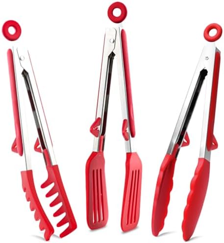 9" Kitchen Tongs for cooking with Silicone Tips, 3Pcs Serving Tongs, Red