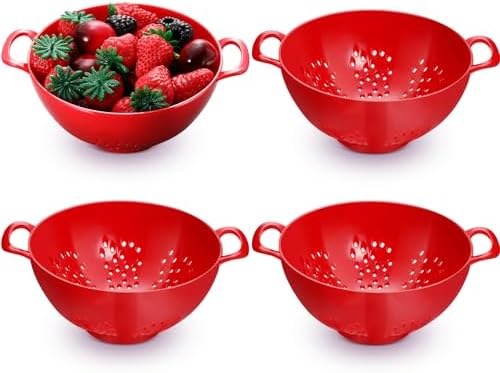 Baderke 4 Pack Mini Colander for Kitchen Plastic Berry Strainer with Double Handles 7.5 x 6 x 3 Inch Small Colander Strainer for Fruits Vegetables Food (Red)