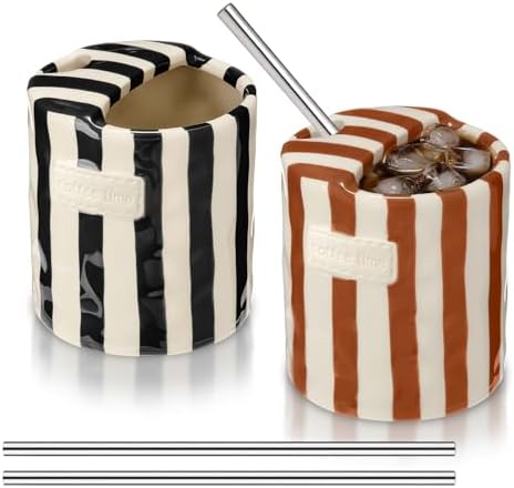 2 Pack Ceramic Coffee Mug with Sip Hole, Simple, Brown, Black