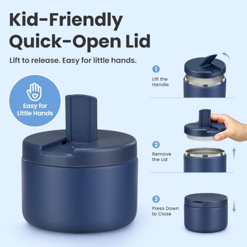 Pawtong 12oz Insulated Vacuum Food Jar with Buckle Lid Wide Mouth Soup Thermo for Hot Food Kids Leakproof Stainless Steel Lunch Container- Blue 1 Pack