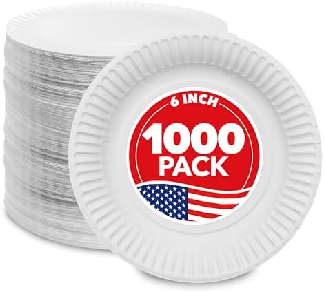 6-Inch Paper Plates Uncoated, Everyday Disposable Dessert Plates 6" Paper Plate Bulk, White, 1000 Count, Stock Your Home