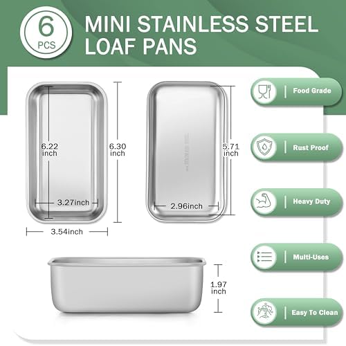 TeamFar Mini Loaf Pan, 6 PCS Stainless Steel Loaf Pans for Baking Bread