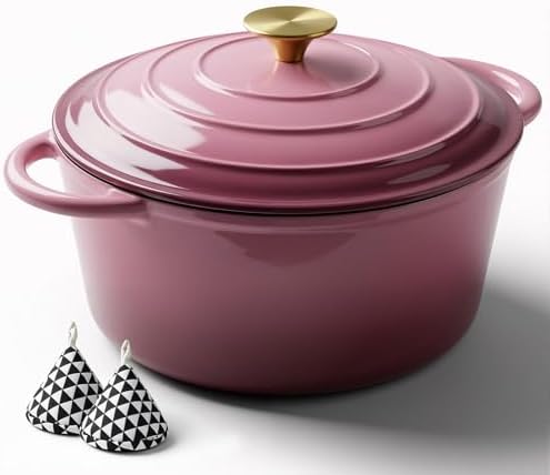Miereirl 6 Quart Enameled Dutch Oven Pot with Lid, Cast Iron Dutch Oven with Dual Handles for Bread Baking, Cooking, Non-stick Enamel Coated Cookware, Rose
