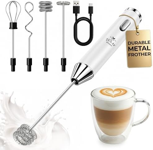 Zulay Kitchen Rechargeable Milk Frother Handheld - Frother Wand, Drink Mixer, Electric Whisk Frother, for Cappuccinos, Matcha & Protein Powder - Ultra Metal 4 Whisk, 1800mAh White