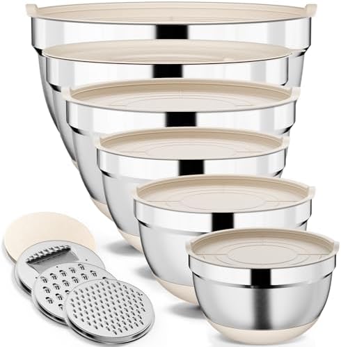 9 Pack Mixing Bowls with Airtight Lids & Grater Attachments, Khaki
