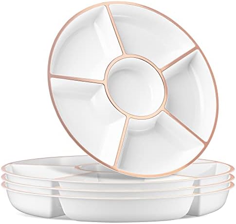 Plasticpro 6 Sectional Round Plastic Serving Tray/Platter (4, White & Rose Gold)