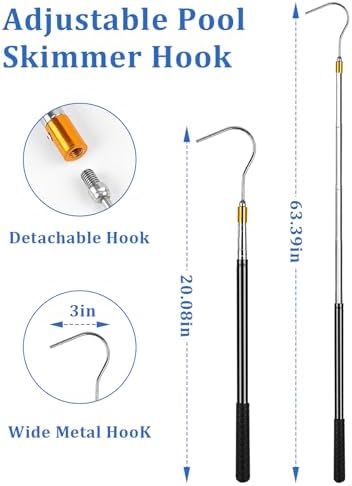 Pool Skimmer Basket Hook, Extendable Pool Filter Skimmer with Anti-Slip Handle, 63.4 Inch Skimmer Basket Pole, Pool Lid Basket Lift Tool Cleaning Tool, for Pool Skimmer Basket with Handle