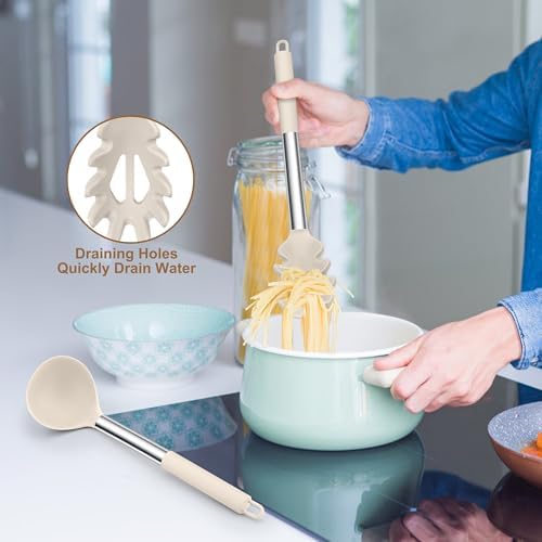 TeamFar Silicone Pasta Fork and Ladle, Nonstick Kitchen Utensils, Khaki
