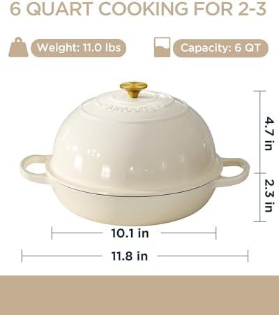 Enameled Cast Iron Bread Oven, 6QT Cast Iron Dutch Oven for Homemade Sourdough Bread Baking, Round Bread Pot with Dome Lid & Cotton Potholders, Cream White