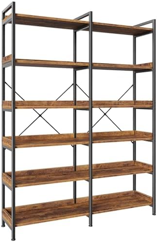 Huuger 6 Tier Bookshelf with 12 Open Shelves and Raised Baffle, Rustic Brown