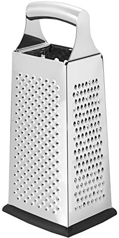Amazon Basics Rectangular 4-Sided Box Cheese Grater and Shredder, Stainless Steel, Handheld, for Vegetables, Zester, Non-Slip Base, Dishwasher-Safe, 9 inch, Black