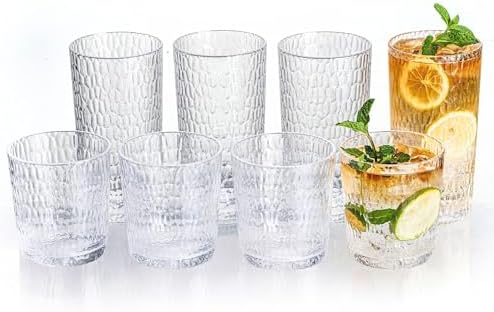 15oz and 22oz Clear Acrylic Glasses Drinkware (Set of 8), Honeycomb Stackable Shatter-Proof Plastic Tumblers, Reusable Plastic Drinking Glasses, BPA-Free, Dishwasher-Safe