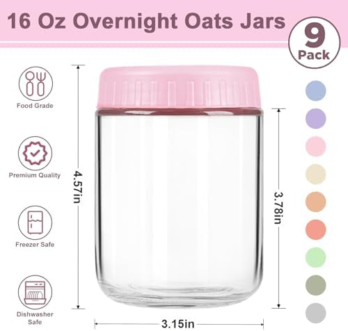 Overnight Oats Containers with Lids, 16oz Wide Mouth Mason Jars with Lids, 9 Pack Glass Jars with Airtight lid for Chia Pudding Yogurt Salad, Meal Prer Oatmeal Jars, Pink