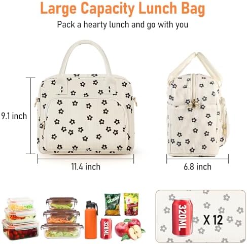 Lunch Bag Large Insulated Lunch Box for Women Men Adult Cute Black Floral Lunchbox Corduroy Lunch Bags Boxes Pail with Shoulder Strap for Work Mom Picnic Office Travel 11.4×6.8×9.1 inches 11.5L