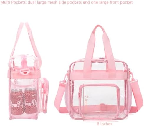 FlowFly Clear Bag for Stadium Events With Shoulder Strap for Women, Men, Large and Reusable Lunch Container, Work and Sporting Events, Travel 12x6x12 Clear Tote Bag, Clear#Pink