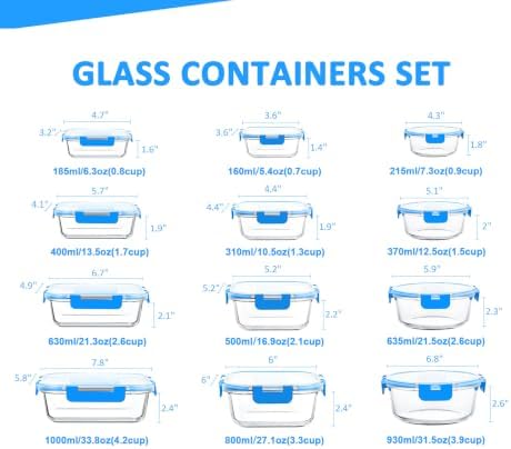 KOMUEE 24 Pieces Glass Food Storage Containers Set, Blue