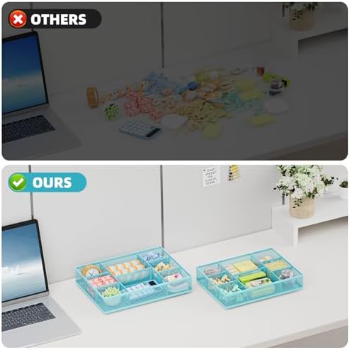 Marbrasse 2 Pack Desk Drawer Organizer, Mesh Drawer Organizer Tray with 8 Adjustable Compartments, Desk Organizers and Accessories, 5 Dividers Drawer for Office Supplies, Makeup & Vanity (Blue)