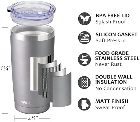 SUNWILL Travel Coffee Tumbler 20 oz, Insulated Mug with Lid, Stainless Steel Cup for Hot and Cold Drinks, Cool Grey