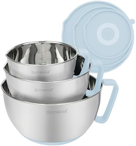 Rorence Stainless Steel Mixing Bowls Set with Lids,1.5,3 & 5 Qt,Light Blue