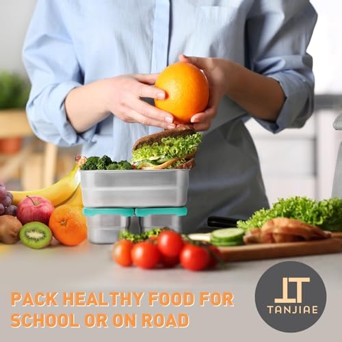 Tanjiae Small Stainless Steel Lunch Containers for Kids | Leak Proof Food Containers with Silicone Lids - Perfect Metal Food Containers with Lids for Kids School and Toddler Daycare (25oz+8oz*2)