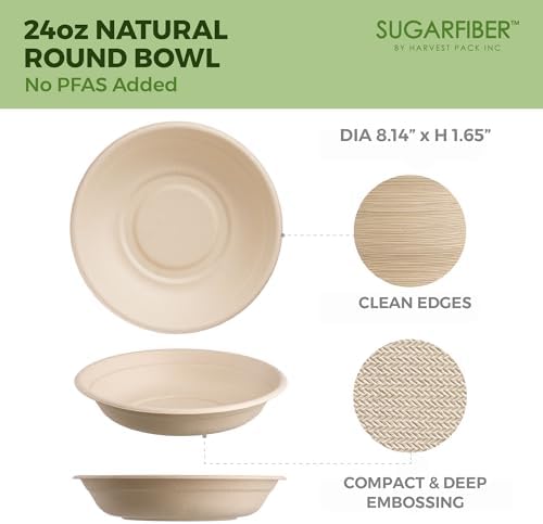 24oz Compostable Paper Bowls Disposable Round Natural Soup Bowls, 50 Count
