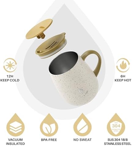 Ideus 16 oz Insulated Coffee Mug with Lid and Handle (Eggshell Yellow)