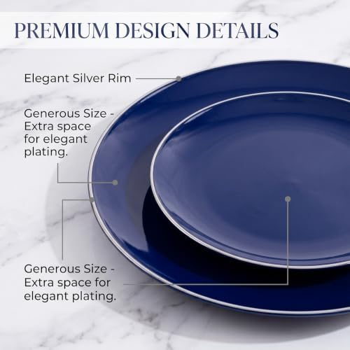 KIRE 175Pcs Blue Plastic Plates with Silver Rim & Disposable Silverware with Blue Handle & Silver-rim Cups & Hand Napkin & Plastic Dinnerware for Parties/Wedding