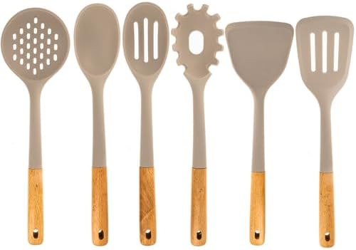 Beille 6pc Beech Wood and Silicone Kitchen Utensils Set Cooking Baking Supplies Home Essentials, Light Grey