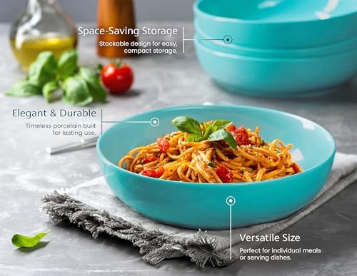 KooK Pasta Bowls, For Soups & Salads, Set of 4, 40 oz, Light Torquoise