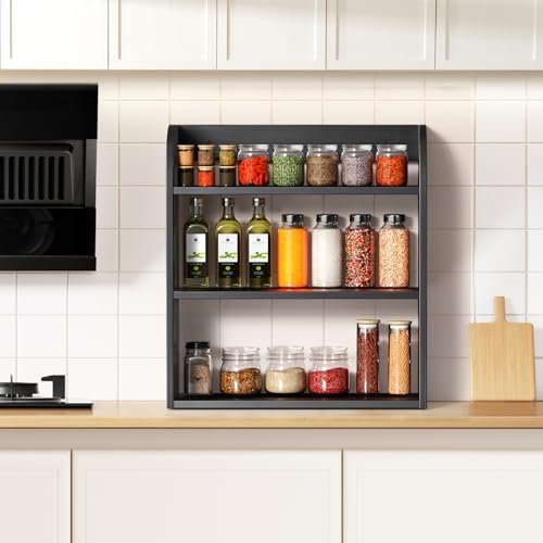 ROMGUAR CRAFT 3 Tier Bamboo Spice Rack, Countertop or Wall Mounting, Black