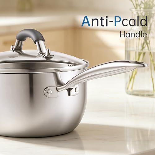 Tri-Ply Stainless Steel Sauce Pan, 2.5 Qt Saucepan with Strainer Lid