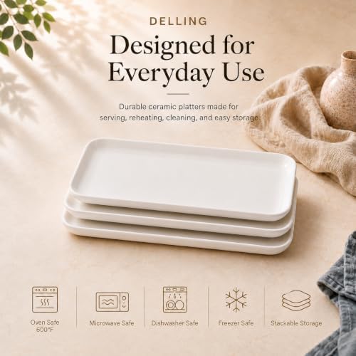 DELLING 16 Inch Large Serving Platter Set of 3, White Porcelain Platters for Serving Food - Rectangular Serving Trays for Party Entertaining, Oven Safe to 590°F, Dinnerware