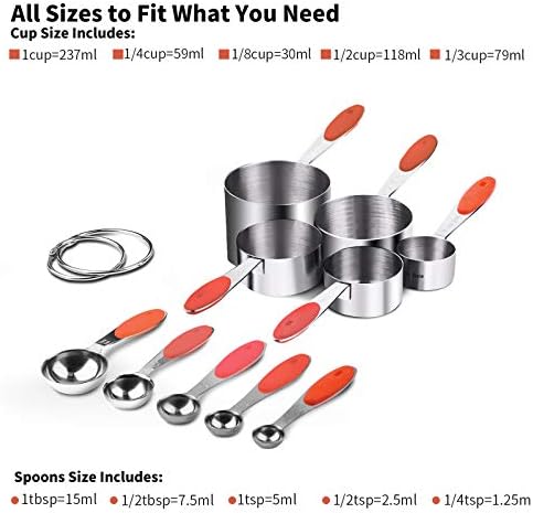 U-Taste Measuring Cups Spoons Set, 18/8 Stainless Steel, 10Pcs, Red