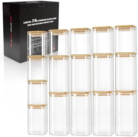 LIBWYS 16-Pack Square Glass Storage Jars with Bamboo Lids (0.6Qt/1.06Qt)