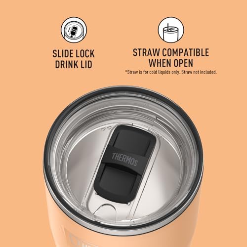 THERMOS Icon Series 24oz Stainless Steel Tumbler with Slide Lock Lid, Leakproof, Fits Cupholder, Dishwasher Safe, Griptec™ Non‑Slip Base, Keeps Drinks Hot 6 Hrs/Cold 22 Hrs, Melon
