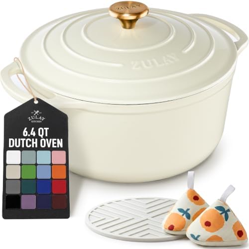 Zulay Kitchen 6.4QT Enameled Cast Iron Dutch Oven Pot with Lid, Heavy-Duty Soup Pot for Stews, Braising, Roasting & Sourdough Bread Baking, Oven Safe up to 500°F - Ivory