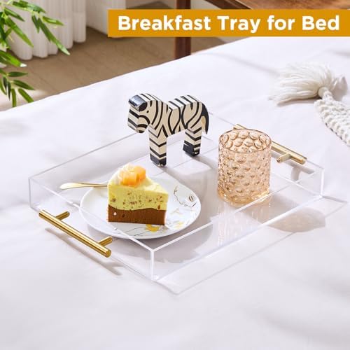 11"x14" Clear Acrylic Serving Tray with Golden Handles, Sturdy Huge Capacity Acrylic Tray for Coffee, Juice, Kitchen and Desk Organizer (11"x14")