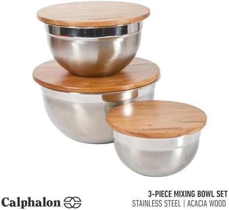Calphalon Orbit Mixing Bowl Set, 3-Piece Stainless Steel Mixing Bowls(1.5 Qt, 3 Qt, 5 Qt) with Acacia Wood Lids & Non-Slip Base, Kitchen Prep Bowls for Mixing, Serving & Food Storage