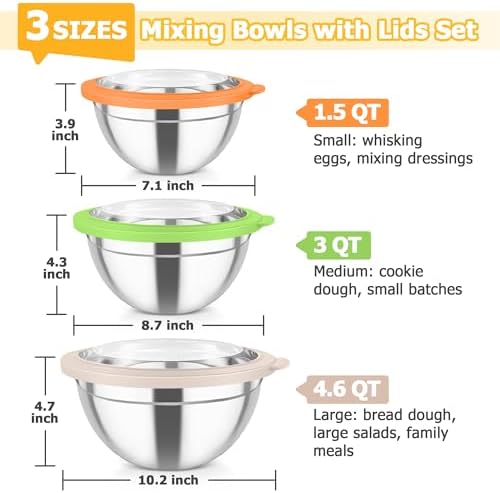 TeamFar Mixing Bowls, 4.5/3/1.5 QT Stainless Steel Nesting Salad Bowls