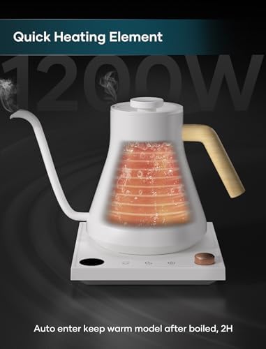 INTASTING Electric Kettles, Gooseneck Electric Kettle, ±1℉ Temperature Control, Stainless Steel Inner, Quick Heating, for Pour Over Coffee, Brew Tea, Boil Hot Water, 0.9L (White)