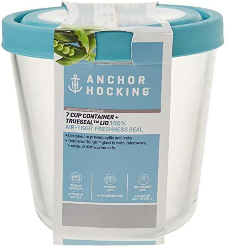 Anchor Hocking Trueseal Glass Food Storage Container with Airtight Lid, 7 Cup Tall, Mineral Blue