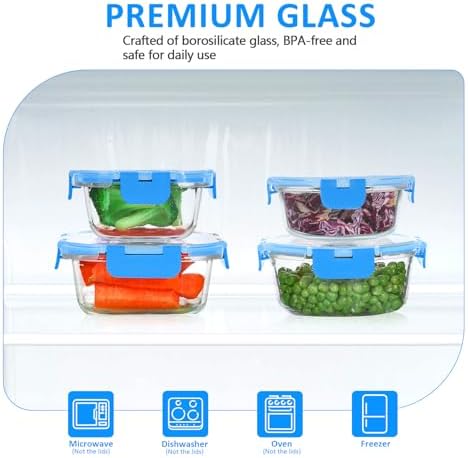 KOMUEE 24 Pieces Glass Food Storage Containers Set, Blue