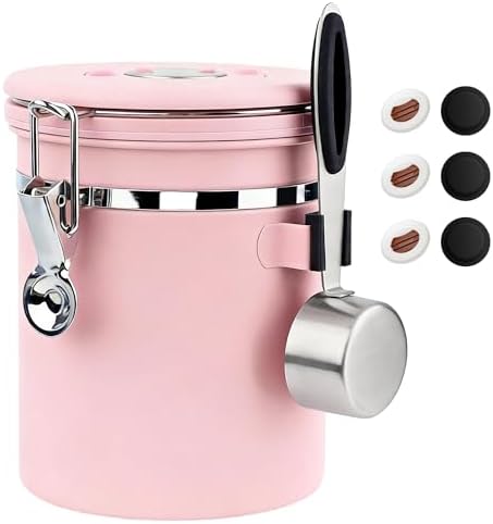 ShanSon Coffee Canister Airtight, Stainless Steel Bean Storage Container with Date Tracker & Scoop, Grounds Sugar Flour Tea Cereal Fits Kitchen Pantry, Ideal Gift for Coffee Lovers,16oz, Pink