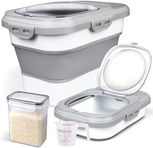 Komzon Rice Storage Container, Collapsible Airtight Food Storage Containers 6-20 Lbs, Rice Dispenser with Measuring Cup and Small Bin for Flour Cereal Pasta Grain, Cat Pet Dog Bird Food Container